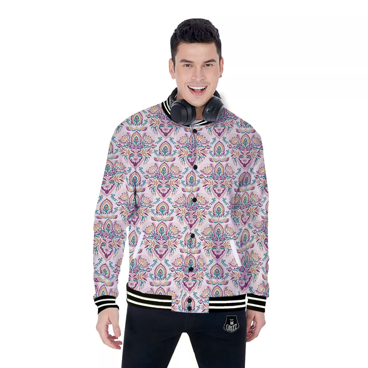 Damask Colorful Print Pattern Baseball Jacket-grizzshop