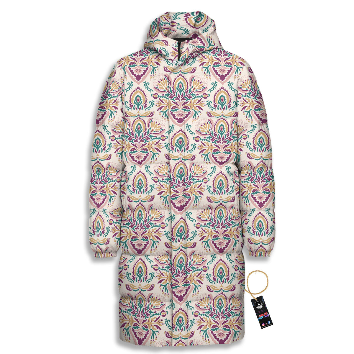 Damask Colorful Print Pattern Long Down Jacket-grizzshop