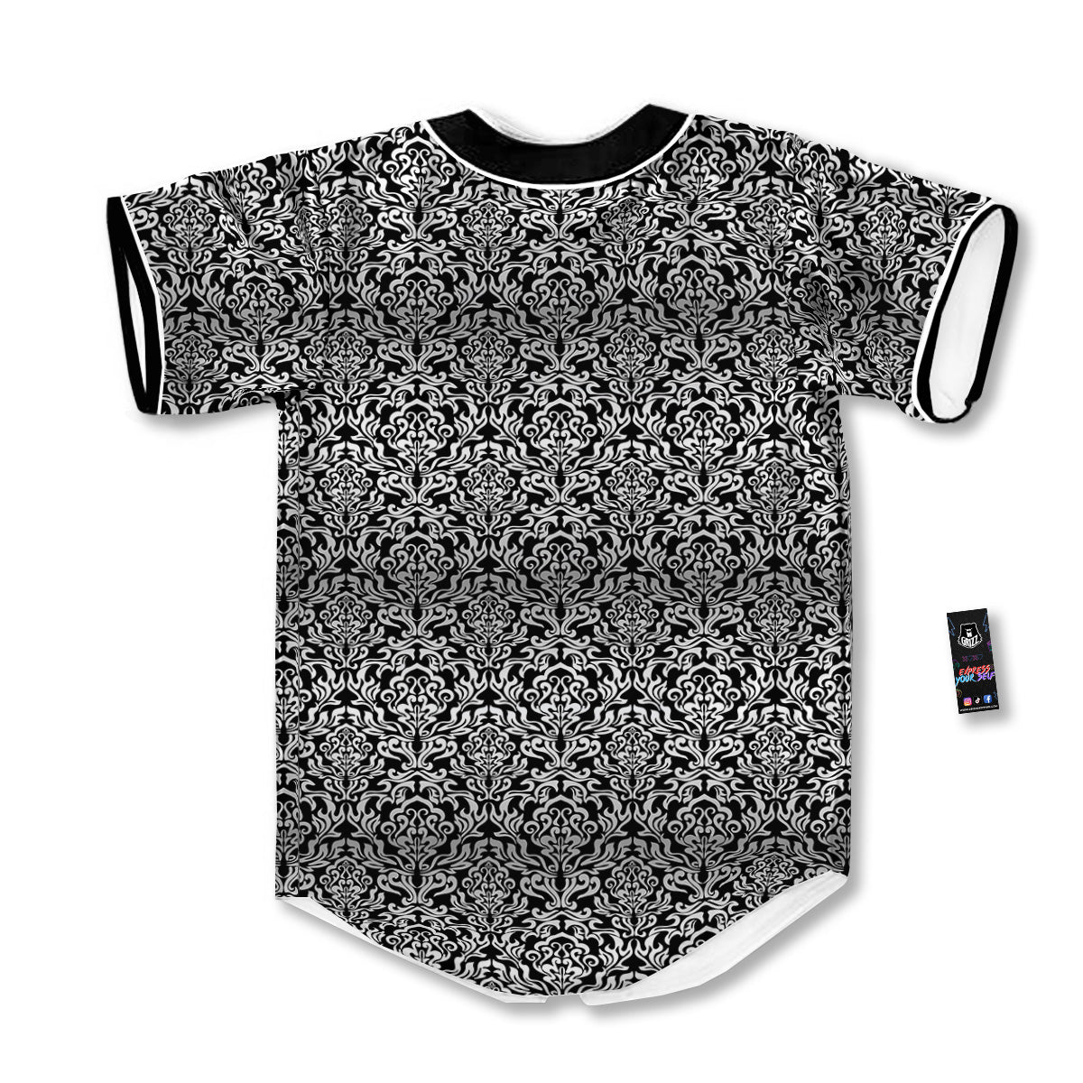 Damask Floral Black Western Print Baseball Jersey-grizzshop
