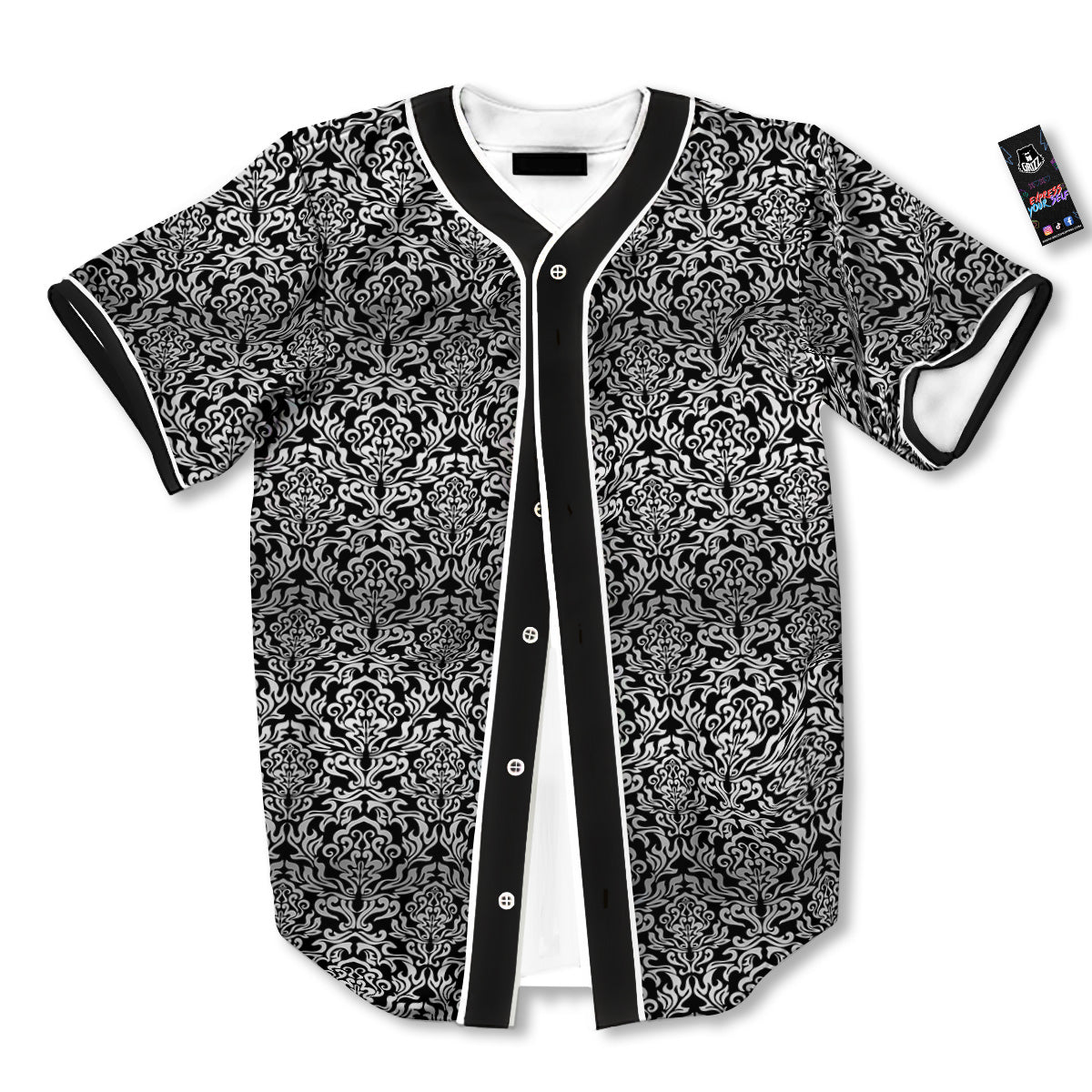 Damask Floral Black Western Print Baseball Jersey-grizzshop