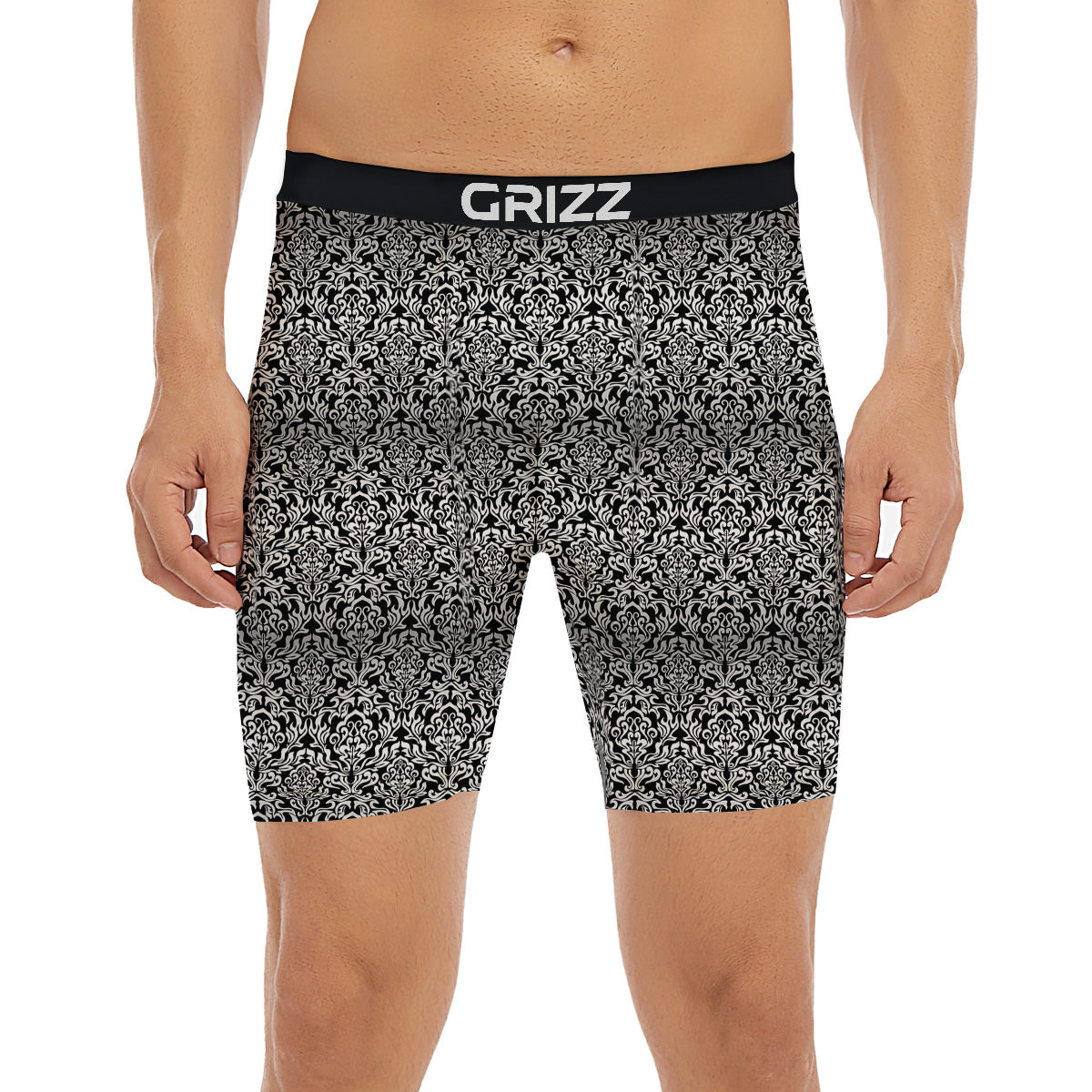 Damask Floral Black Western Print Boxer Briefs-grizzshop