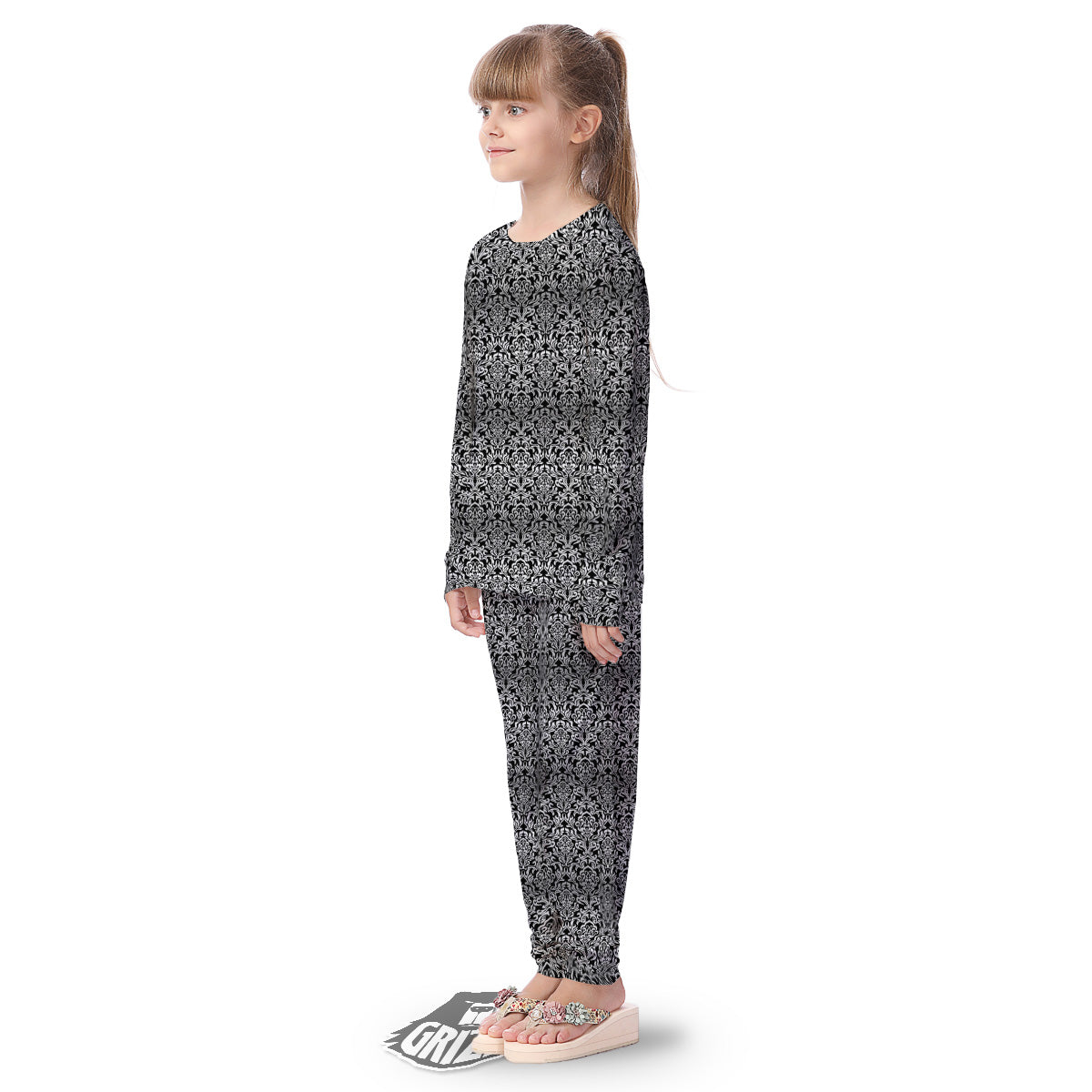 Damask Floral Black Western Print Kid's Pajamas-grizzshop