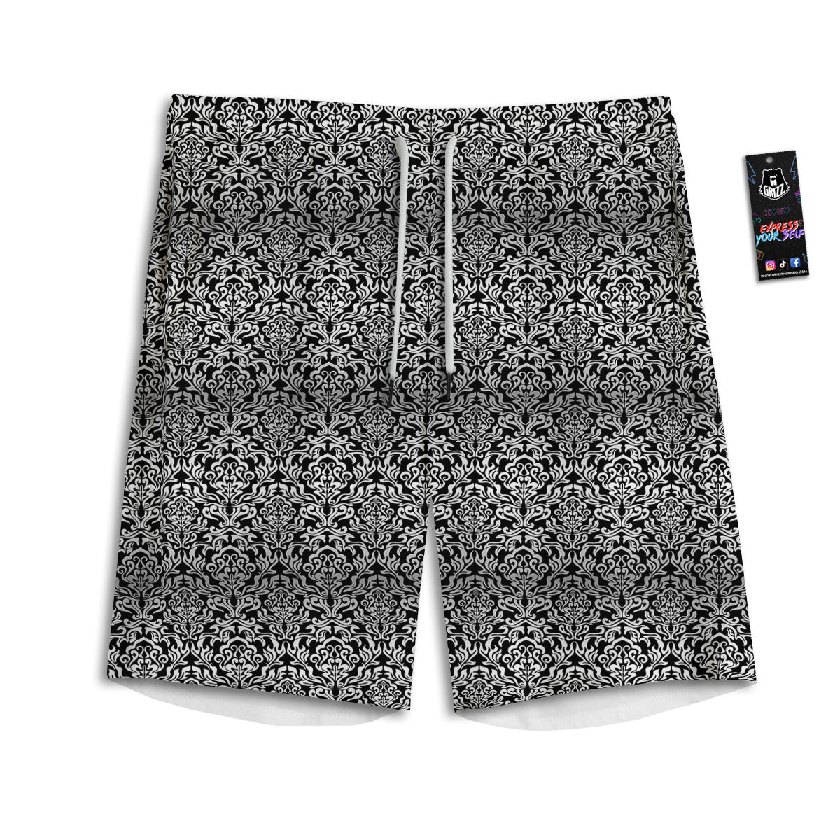 Damask Floral Black Western Print Men's Athletic Shorts