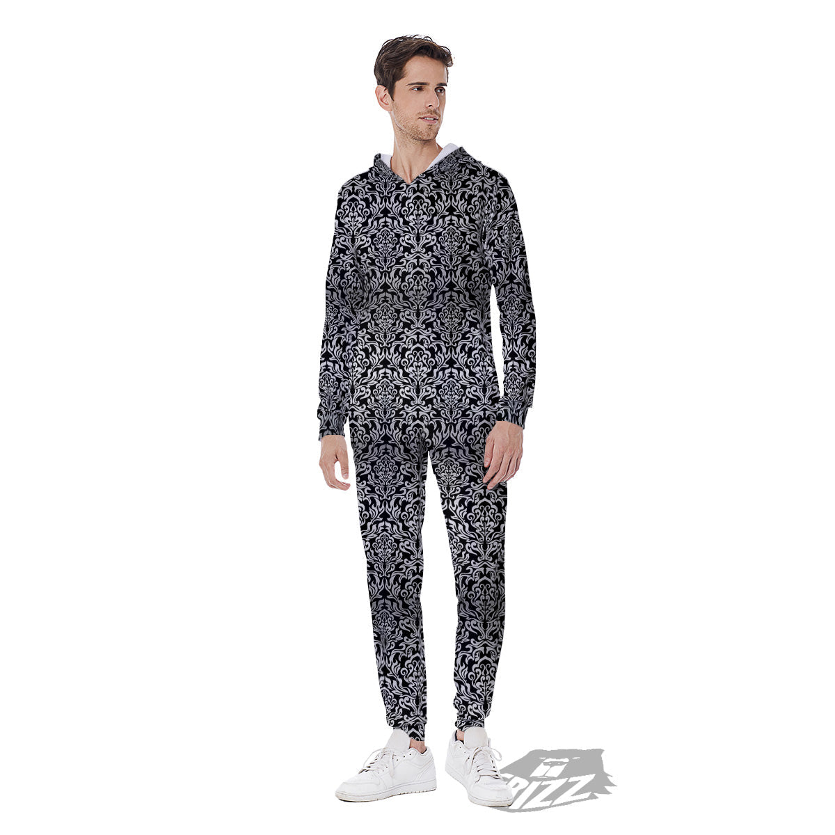 Damask Floral Black Western Print Men's Jumpsuit-grizzshop