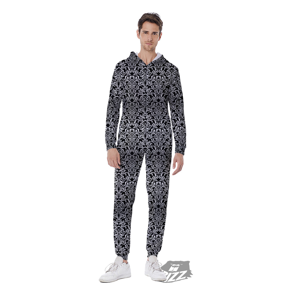 Damask Floral Black Western Print Men's Jumpsuit-grizzshop