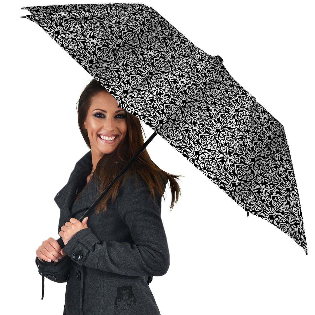 Damask Floral Black Western Print Umbrella-grizzshop