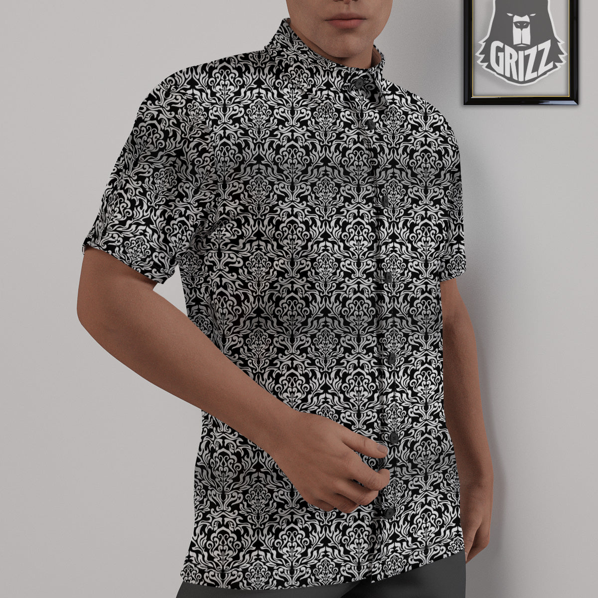 Damask Floral Black Western Print Untucked Shirts-grizzshop