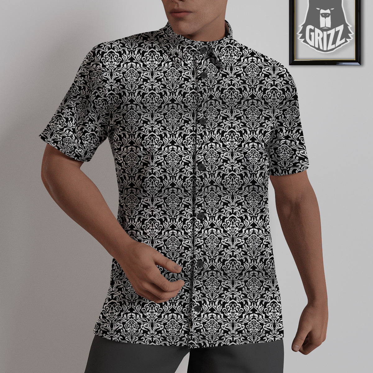 Damask Floral Black Western Print Untucked Shirts-grizzshop