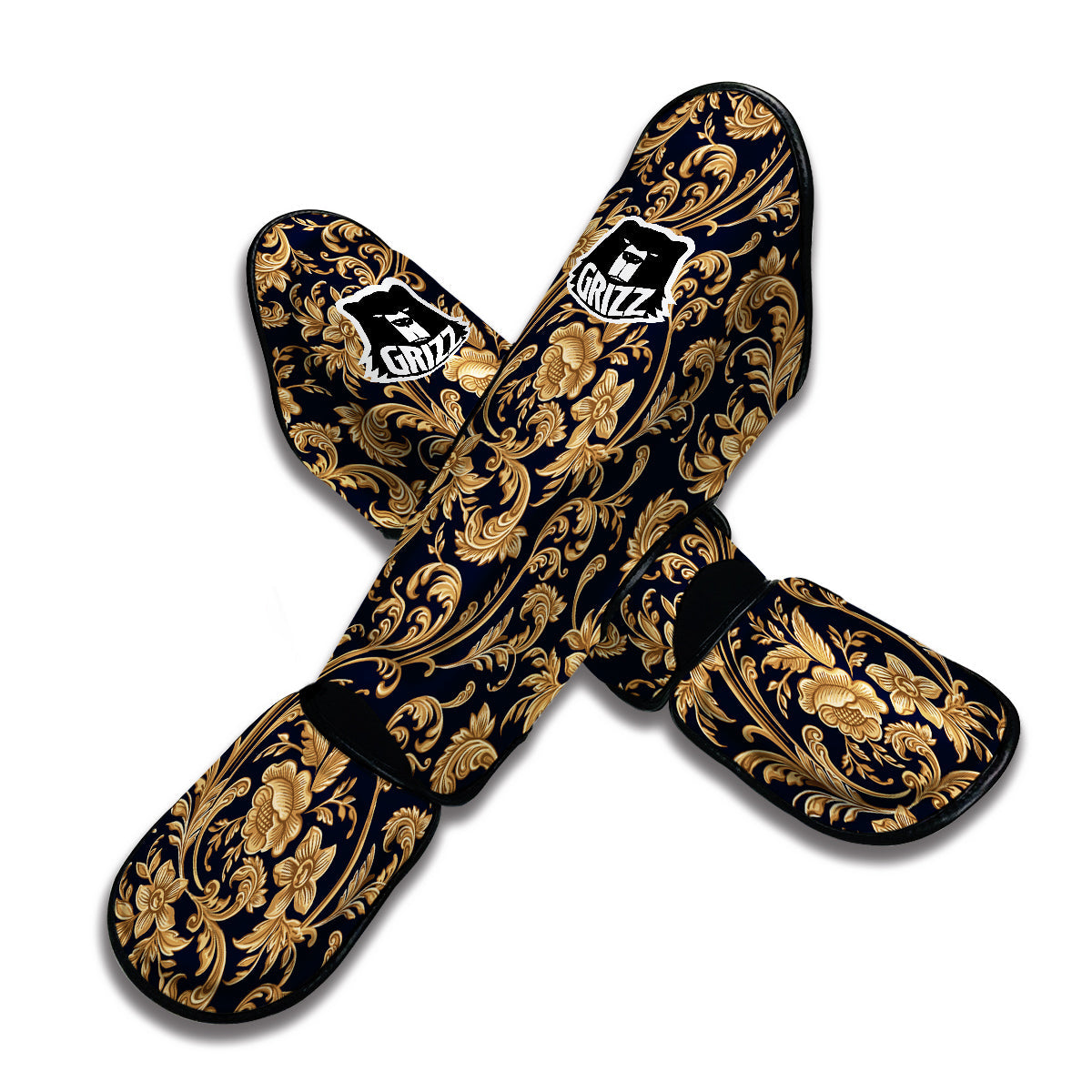 Damask Gold Pattern Print Muay Thai Shin Guards-grizzshop