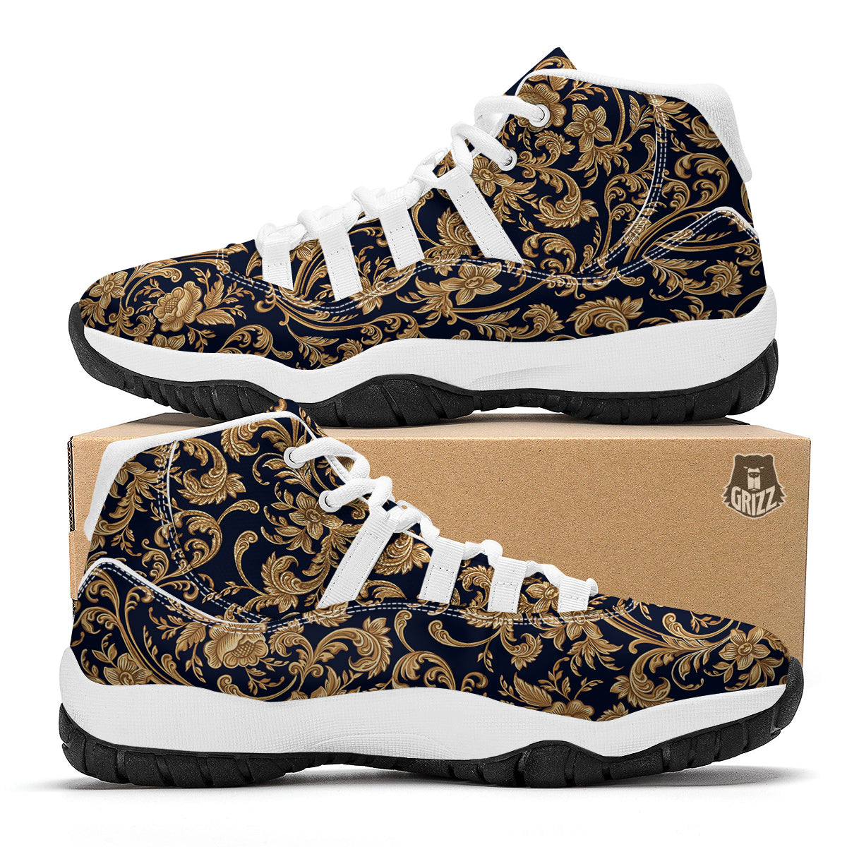 Damask Gold Pattern Print White Bball Shoes-grizzshop