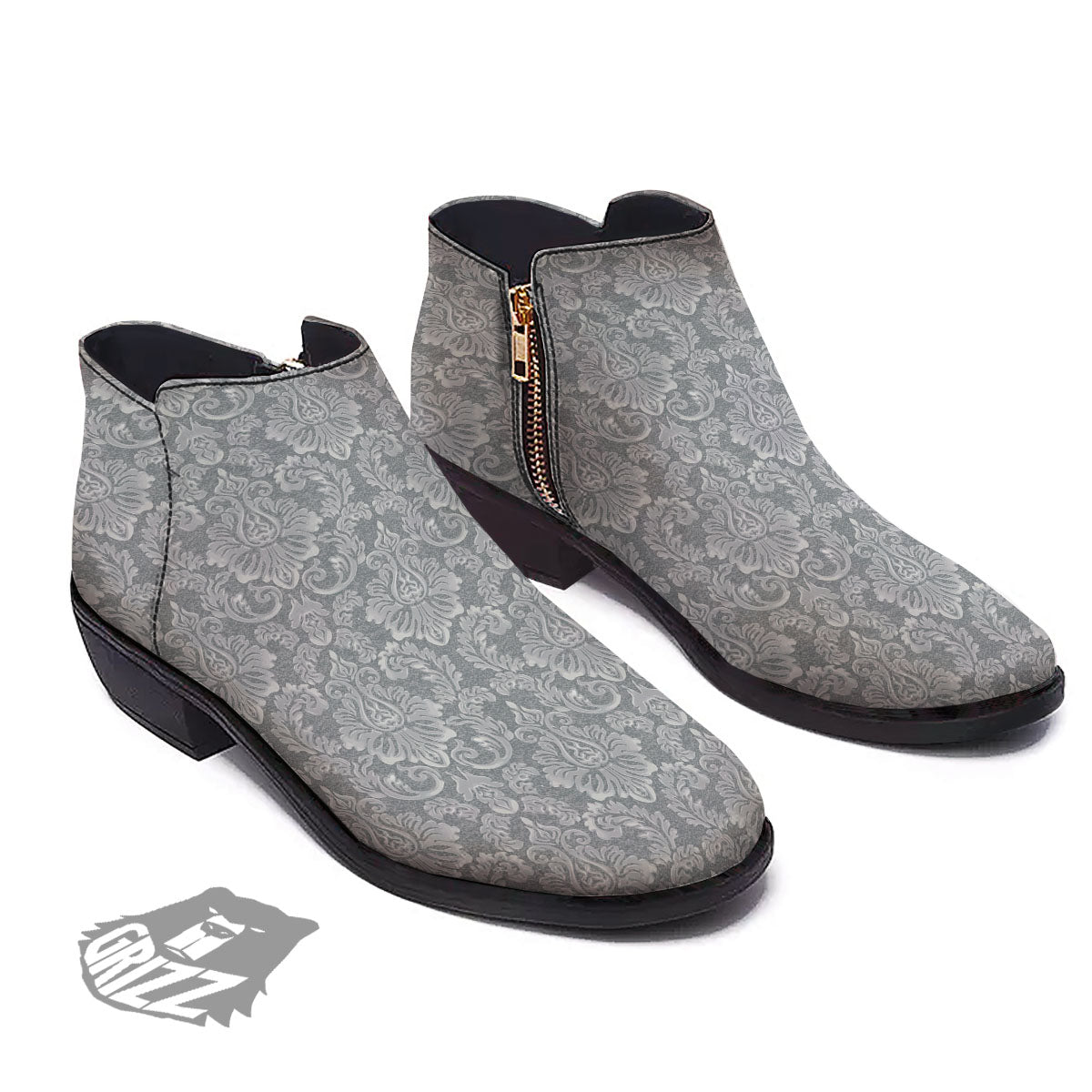 Damask Grey Print Pattern Ankle Boots-grizzshop