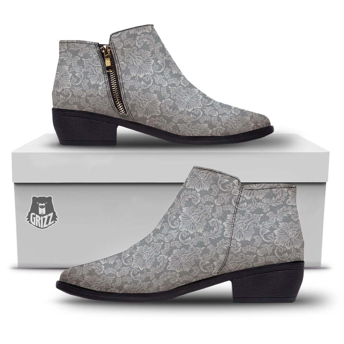 Damask Grey Print Pattern Ankle Boots-grizzshop