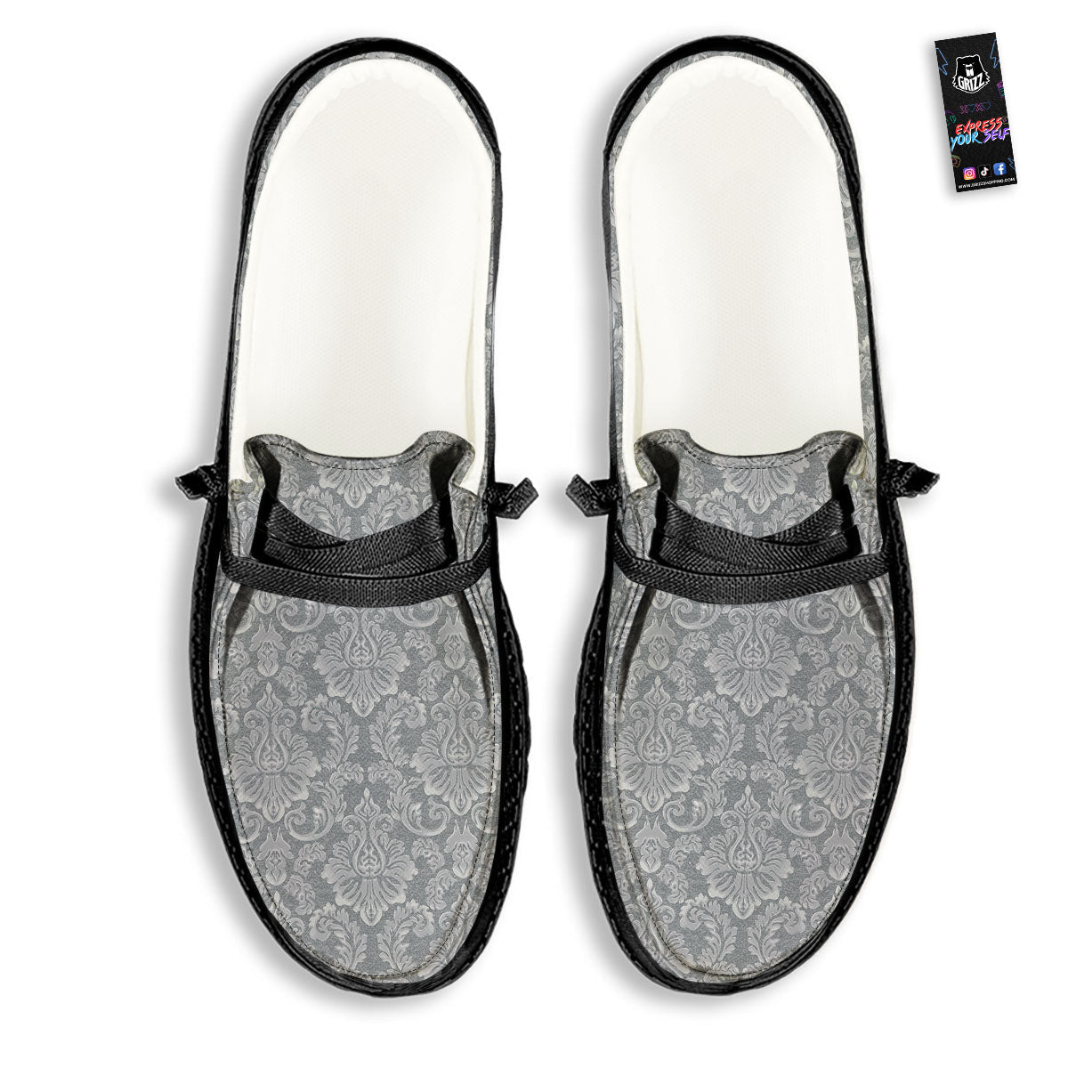 Damask Grey Print Pattern Black Loafers-grizzshop