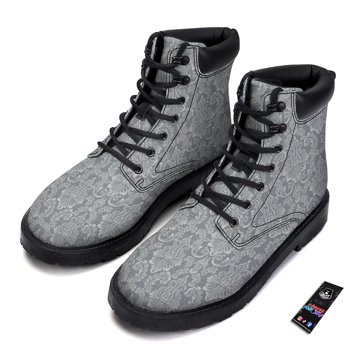 Damask Grey Print Pattern Boots-grizzshop