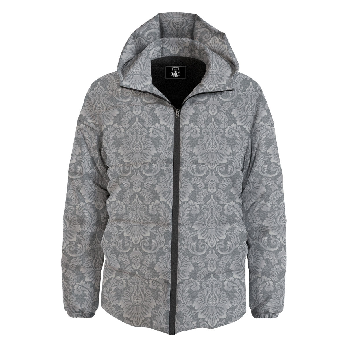 Damask Grey Print Pattern Down Jacket-grizzshop