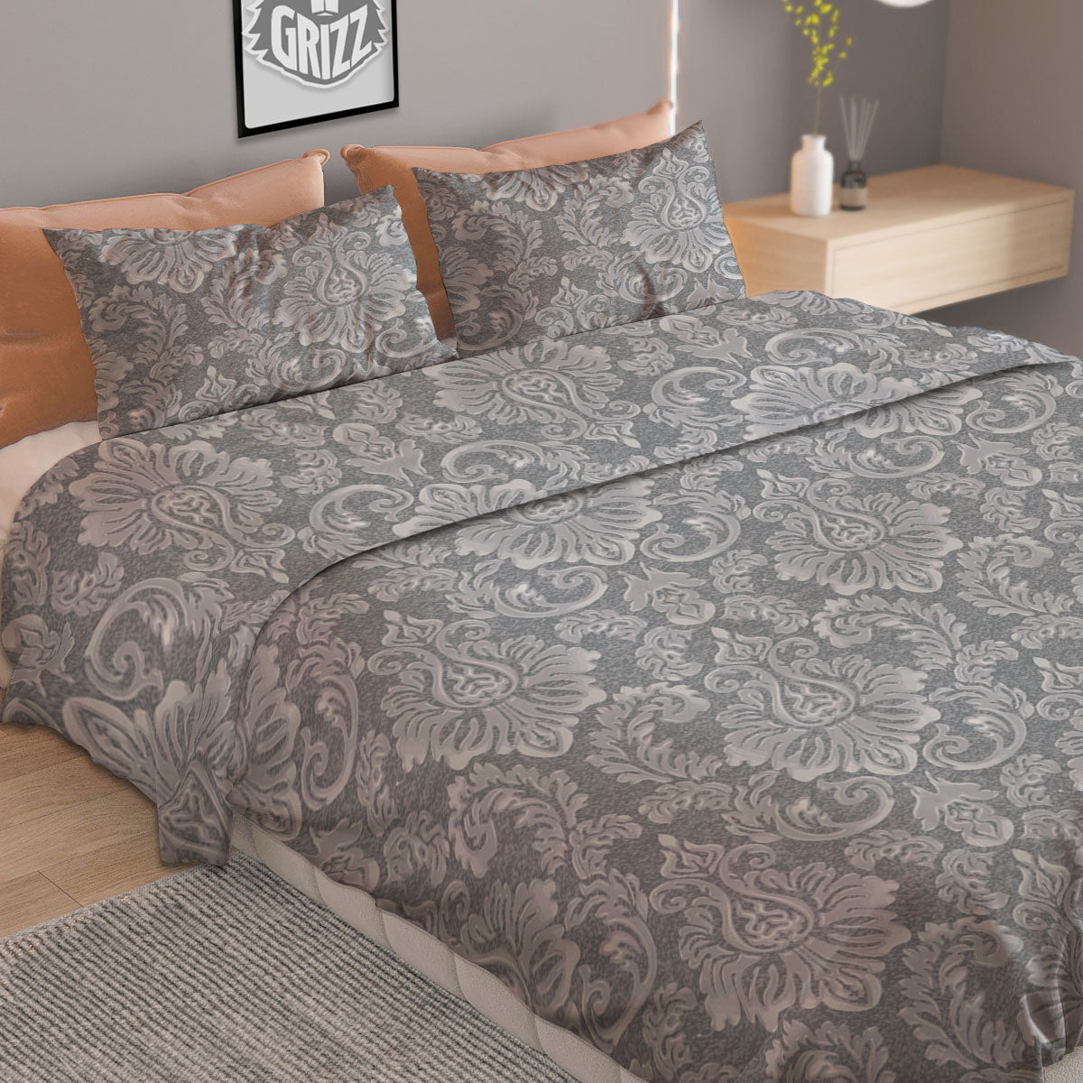 Damask Grey Print Pattern Duvet Cover Bedding Set