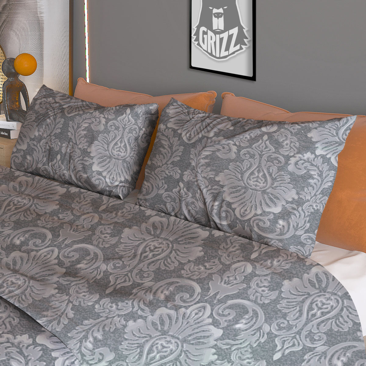 Damask Grey Print Pattern Duvet Cover Bedding Set