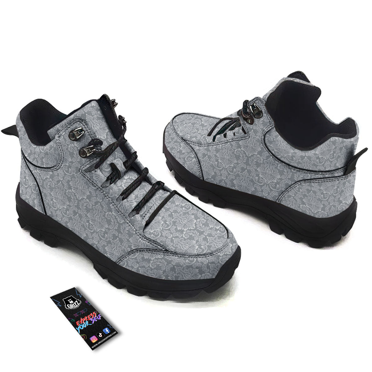 Damask Grey Print Pattern Hiking Shoes-grizzshop
