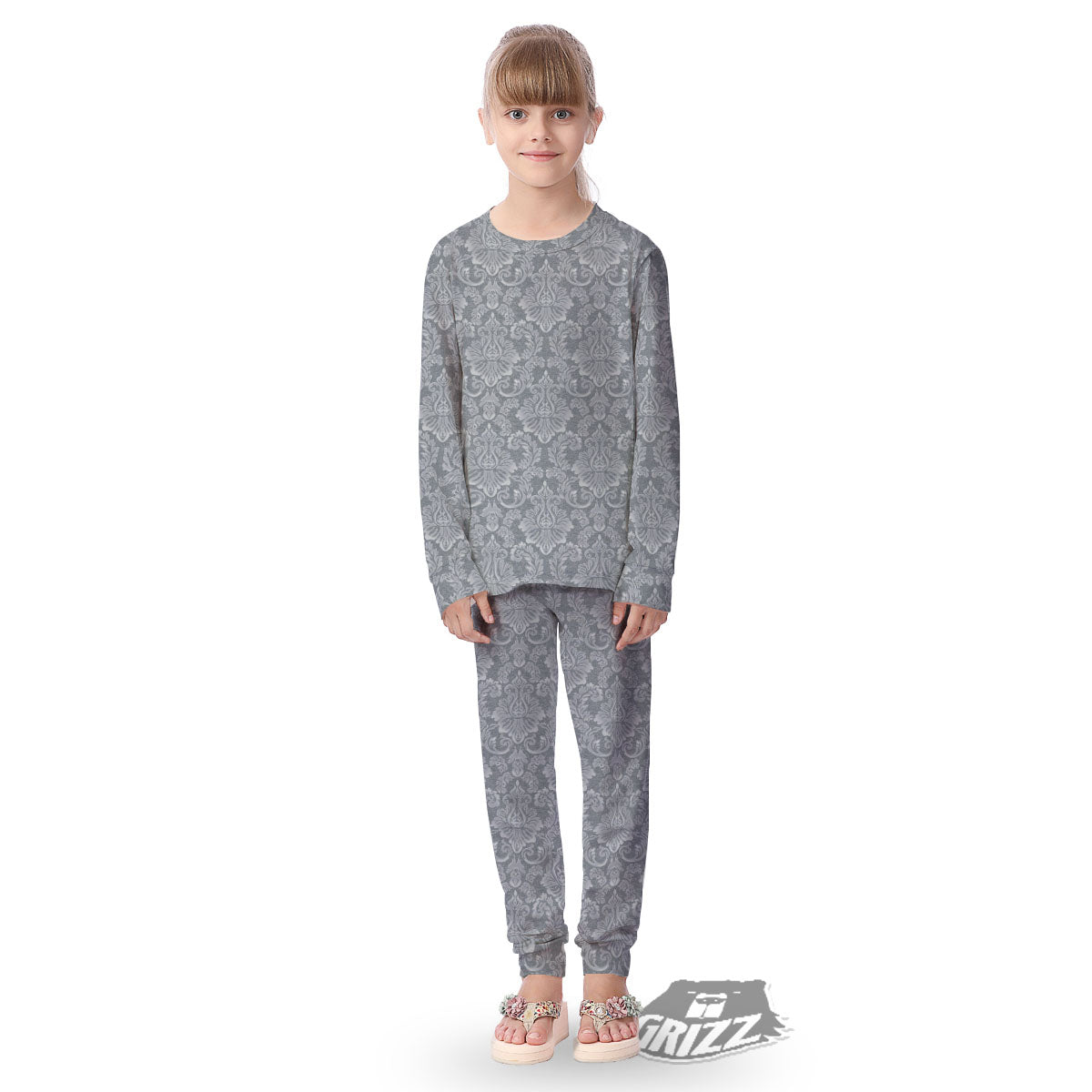 Damask Grey Print Pattern Kid's Pajamas-grizzshop