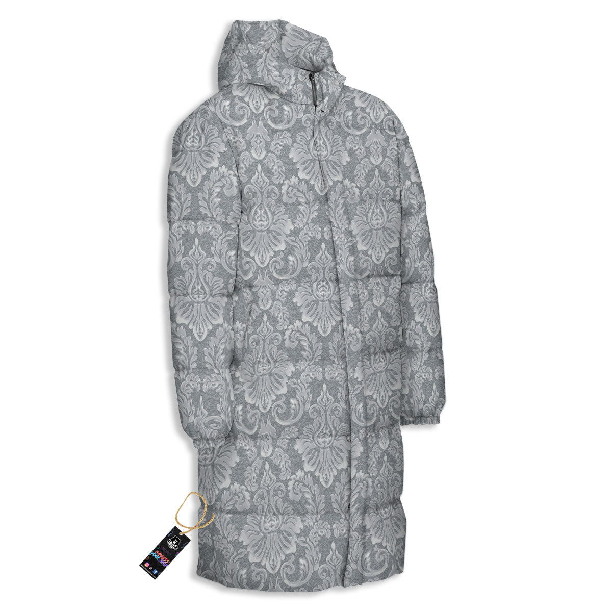 Damask Grey Print Pattern Long Down Jacket-grizzshop