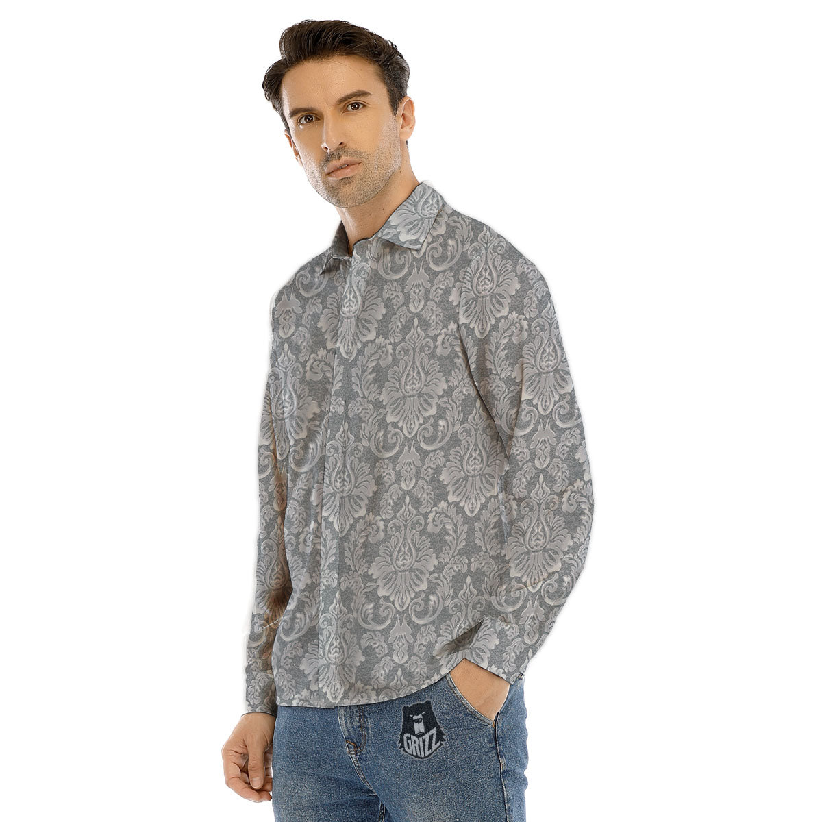 Damask Grey Print Pattern Men's Dress Shirts-grizzshop