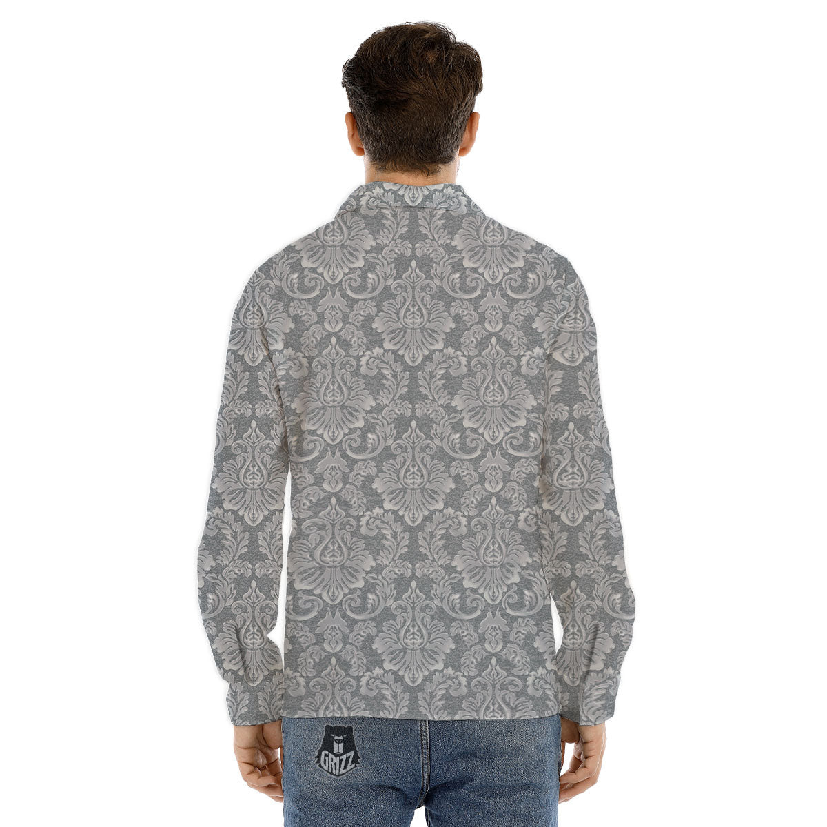 Damask Grey Print Pattern Men's Dress Shirts-grizzshop
