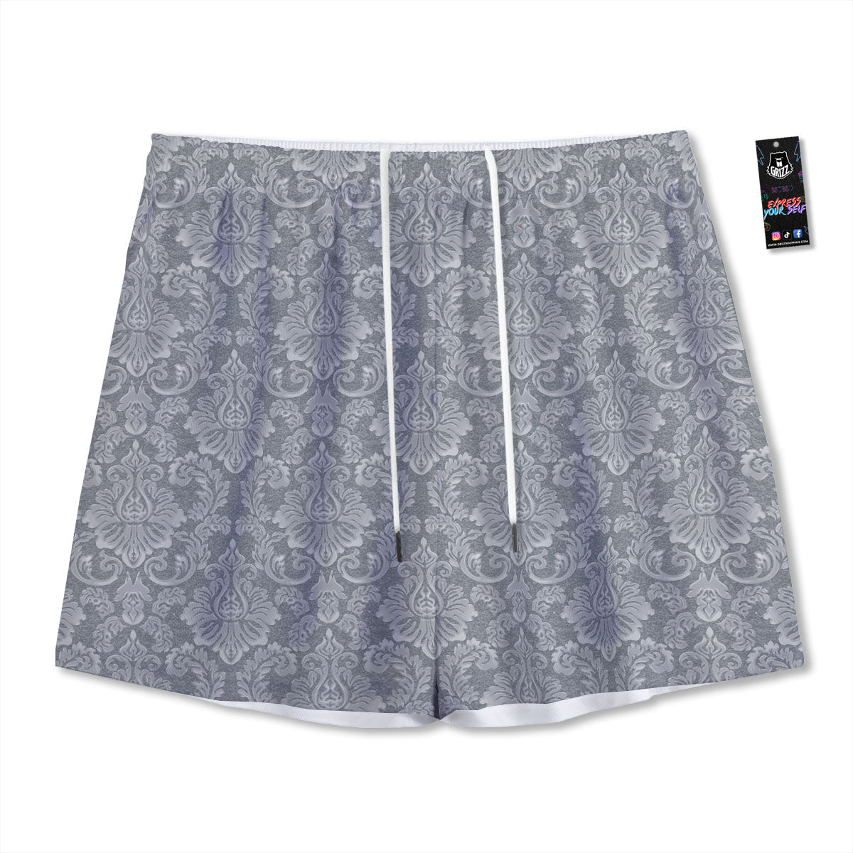 Damask Grey Print Pattern Mesh Shorts