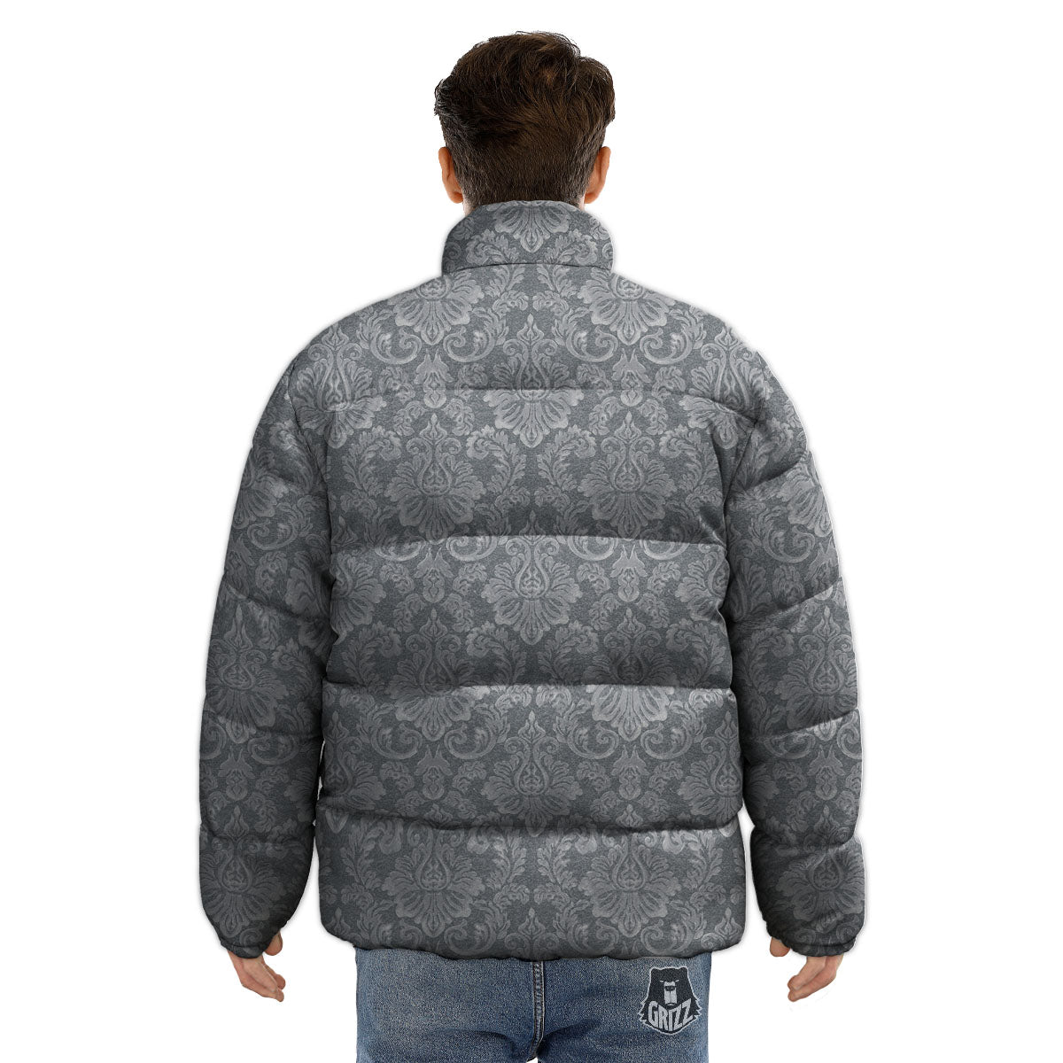 Damask Grey Print Pattern Puffer Jacket-grizzshop