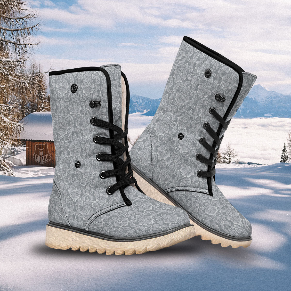 Damask Grey Print Pattern Snow Boots-grizzshop