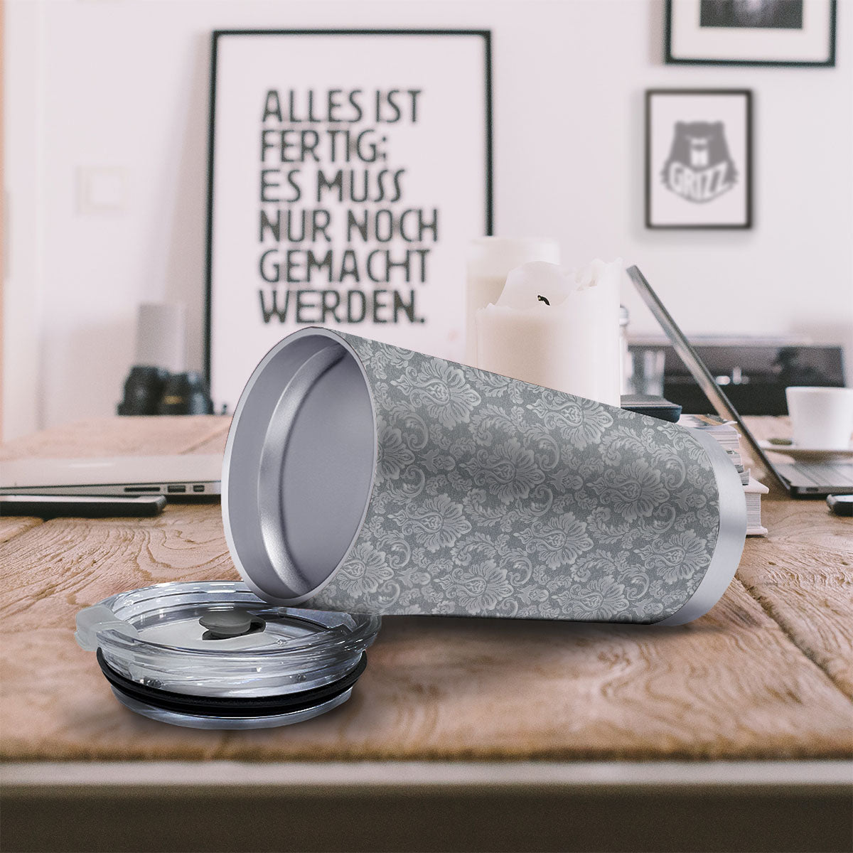 Damask Grey Print Pattern Tumbler-grizzshop