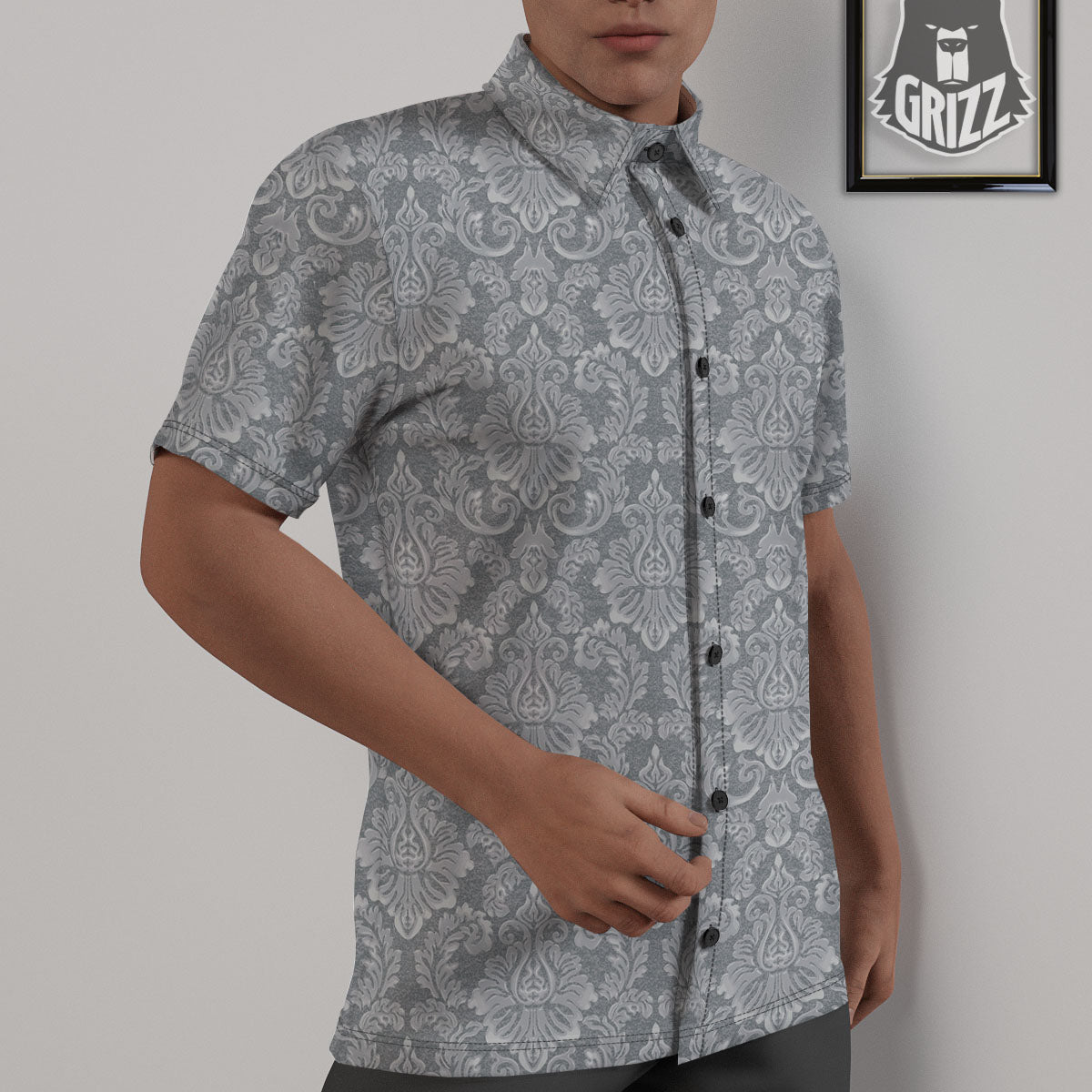 Damask Grey Print Pattern Untucked Shirts-grizzshop