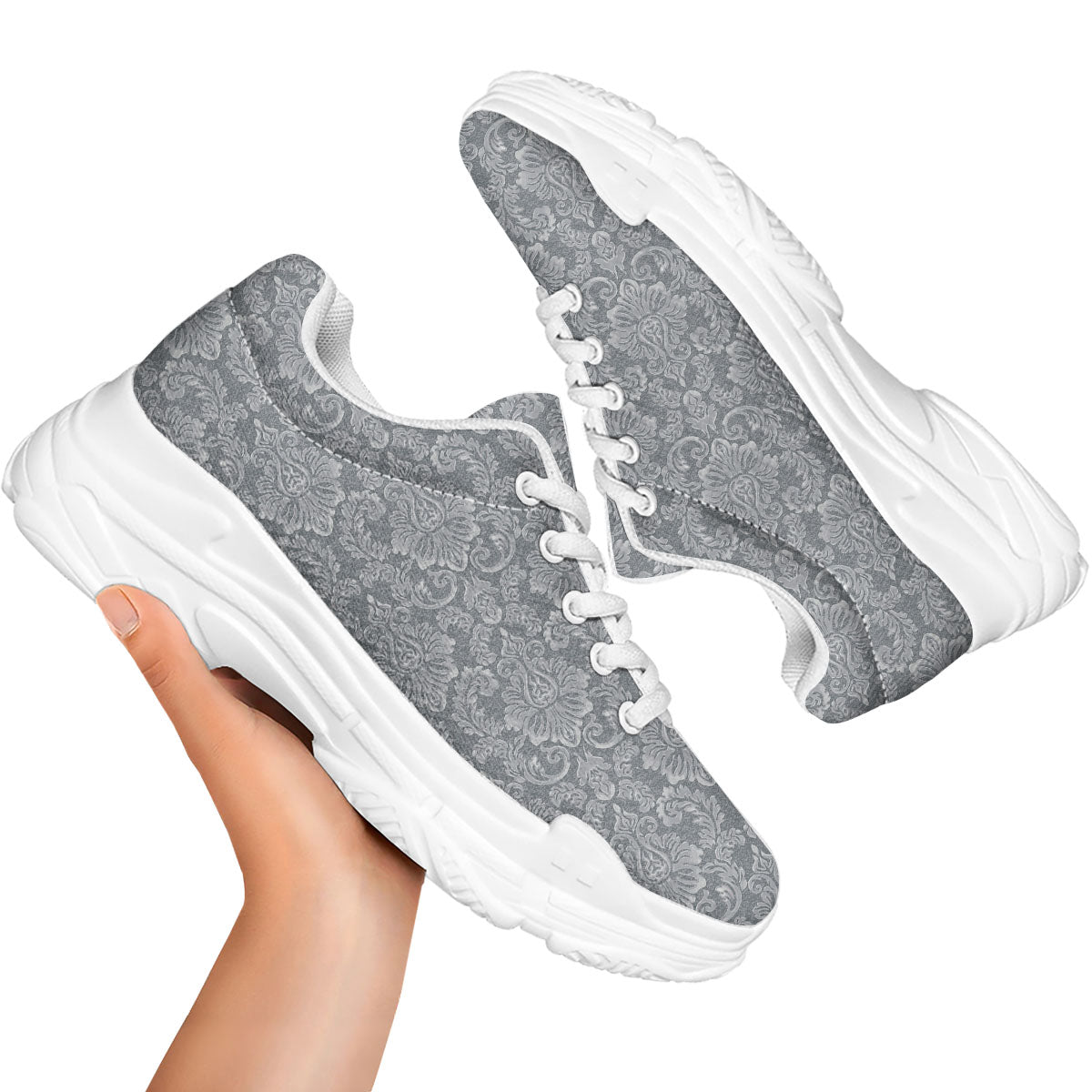 Damask Grey Print Pattern White Chunky Shoes-grizzshop