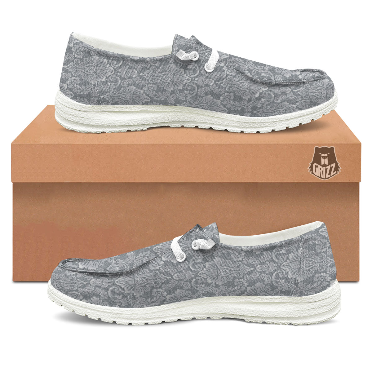 Damask Grey Print Pattern White Loafers-grizzshop