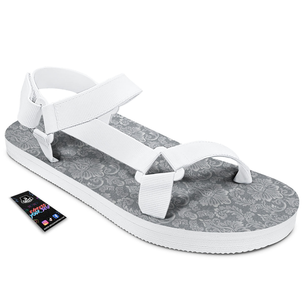 Damask Grey Print Pattern White Open Toe Sandals-grizzshop