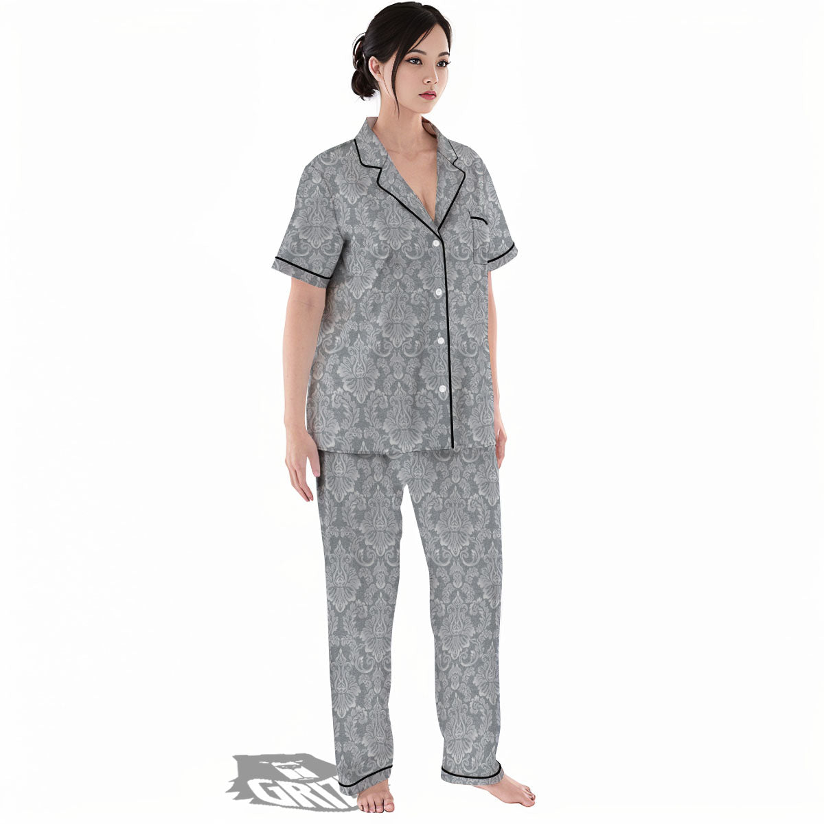 Damask Grey Print Pattern Women's Pajamas Set-grizzshop
