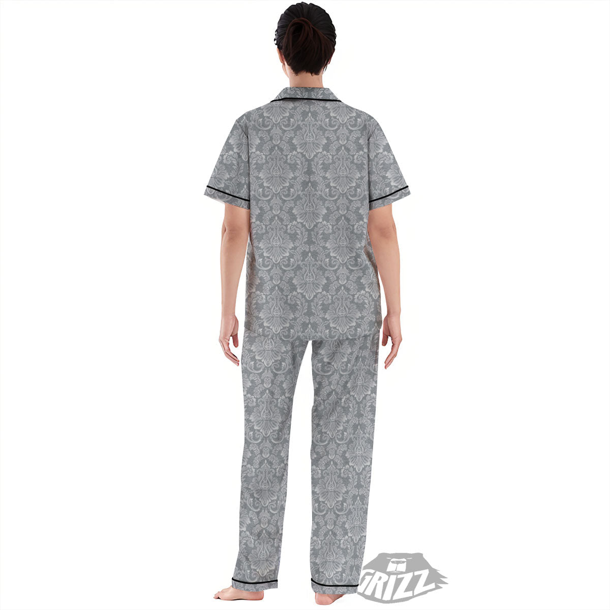 Damask Grey Print Pattern Women's Pajamas Set-grizzshop
