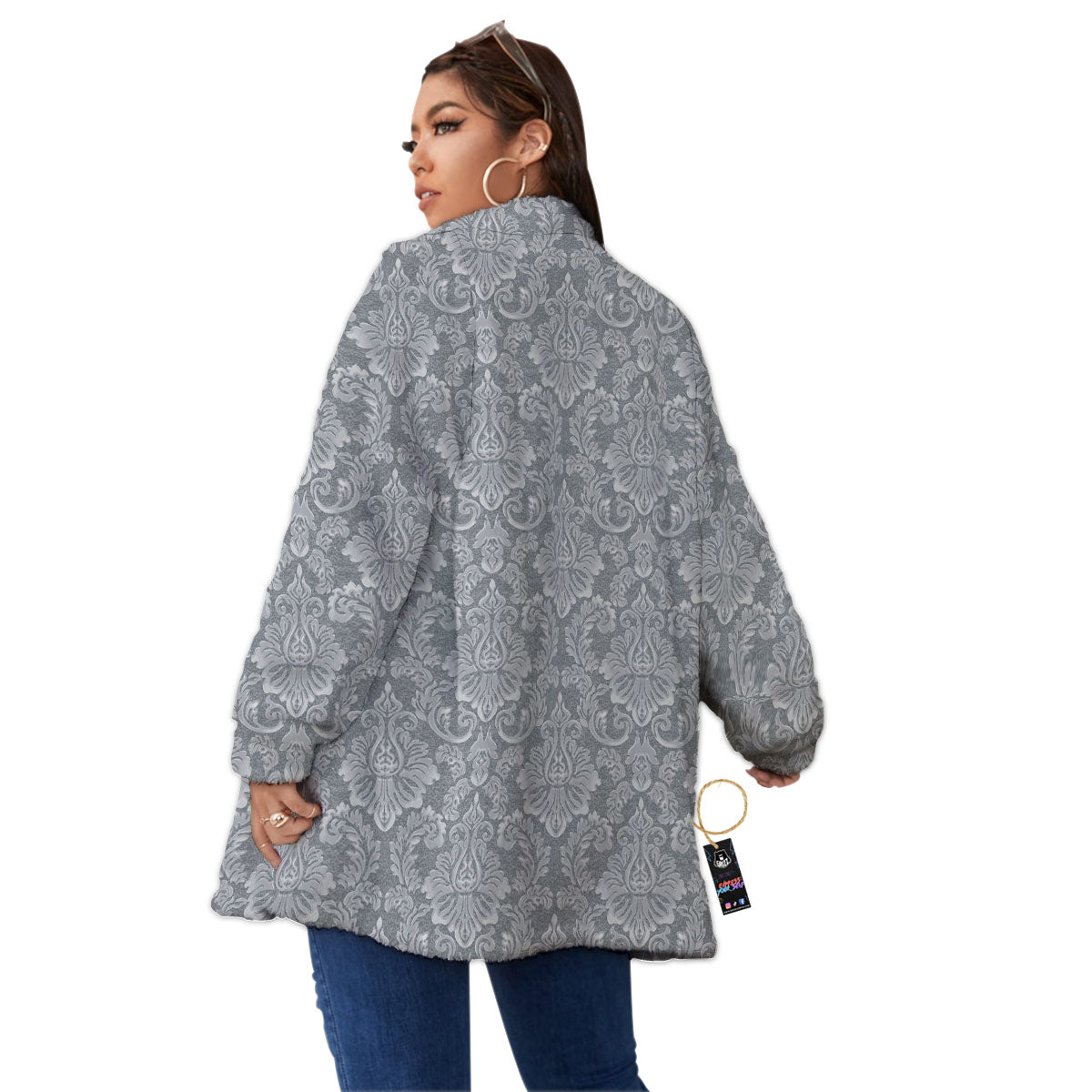 Damask Grey Print Pattern Women's Sherpa Jacket-grizzshop