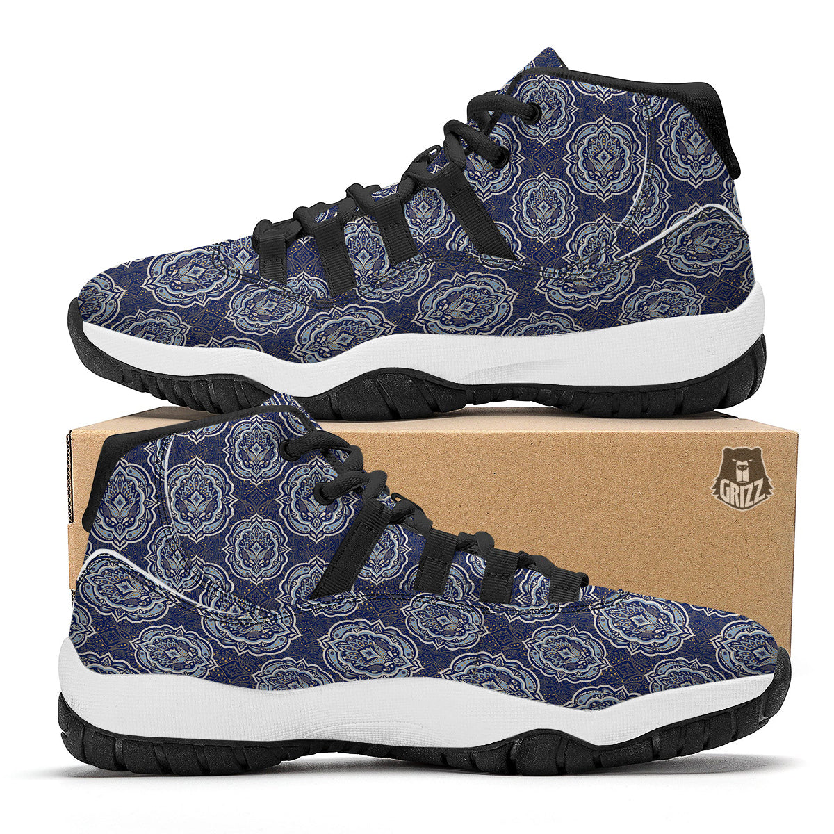 Damask Print Pattern Black Bball Shoes-grizzshop