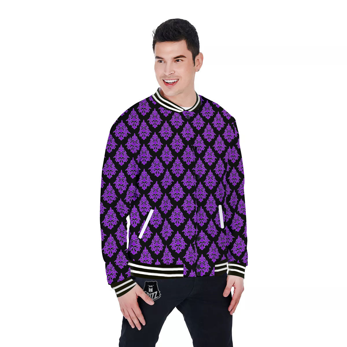 Damask Purple And Black Print Pattern Baseball Jacket-grizzshop