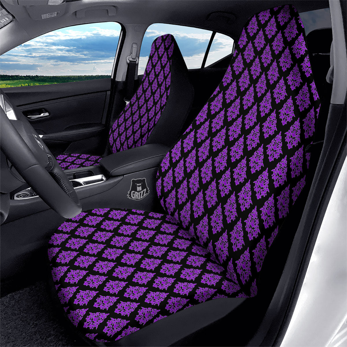 Damask Purple And Black Print Pattern Car Seat Covers-grizzshop