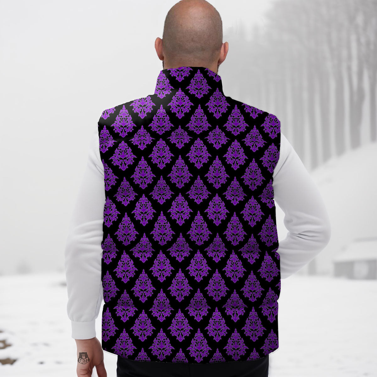 Damask Purple And Black Print Pattern Down Vest