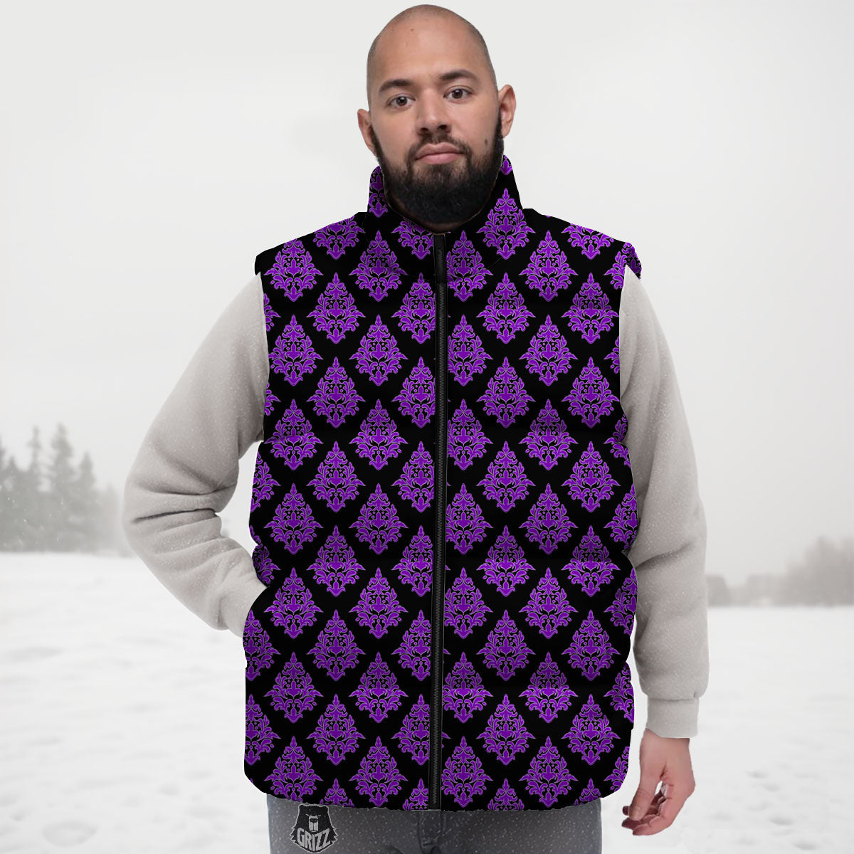 Damask Purple And Black Print Pattern Down Vest