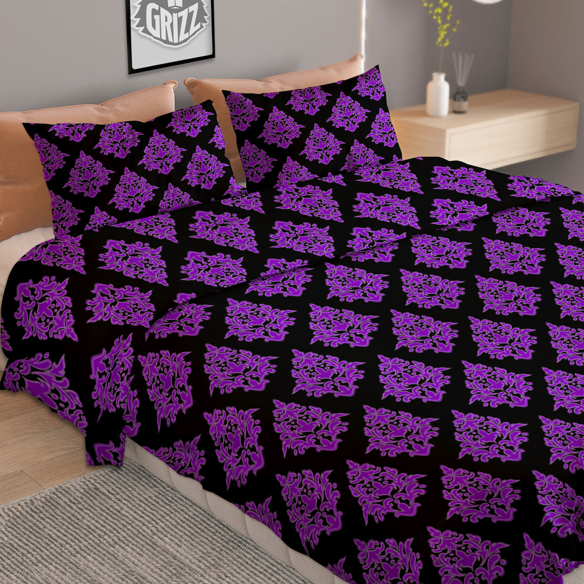 Damask Purple And Black Print Pattern Duvet Cover Bedding Set