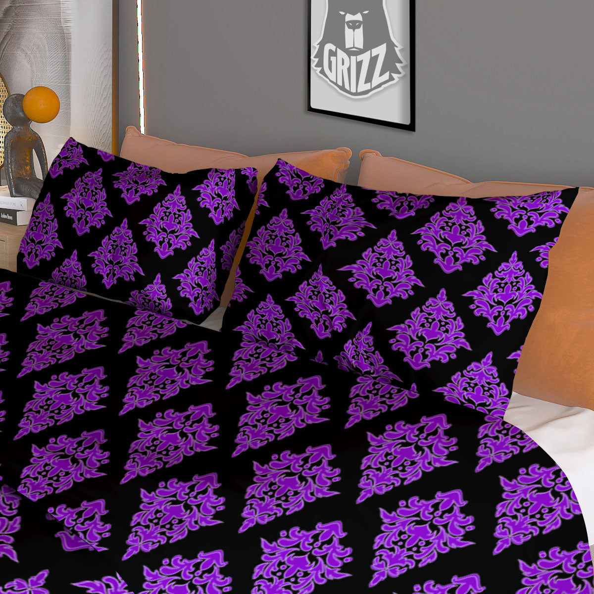 Damask Purple And Black Print Pattern Duvet Cover Bedding Set