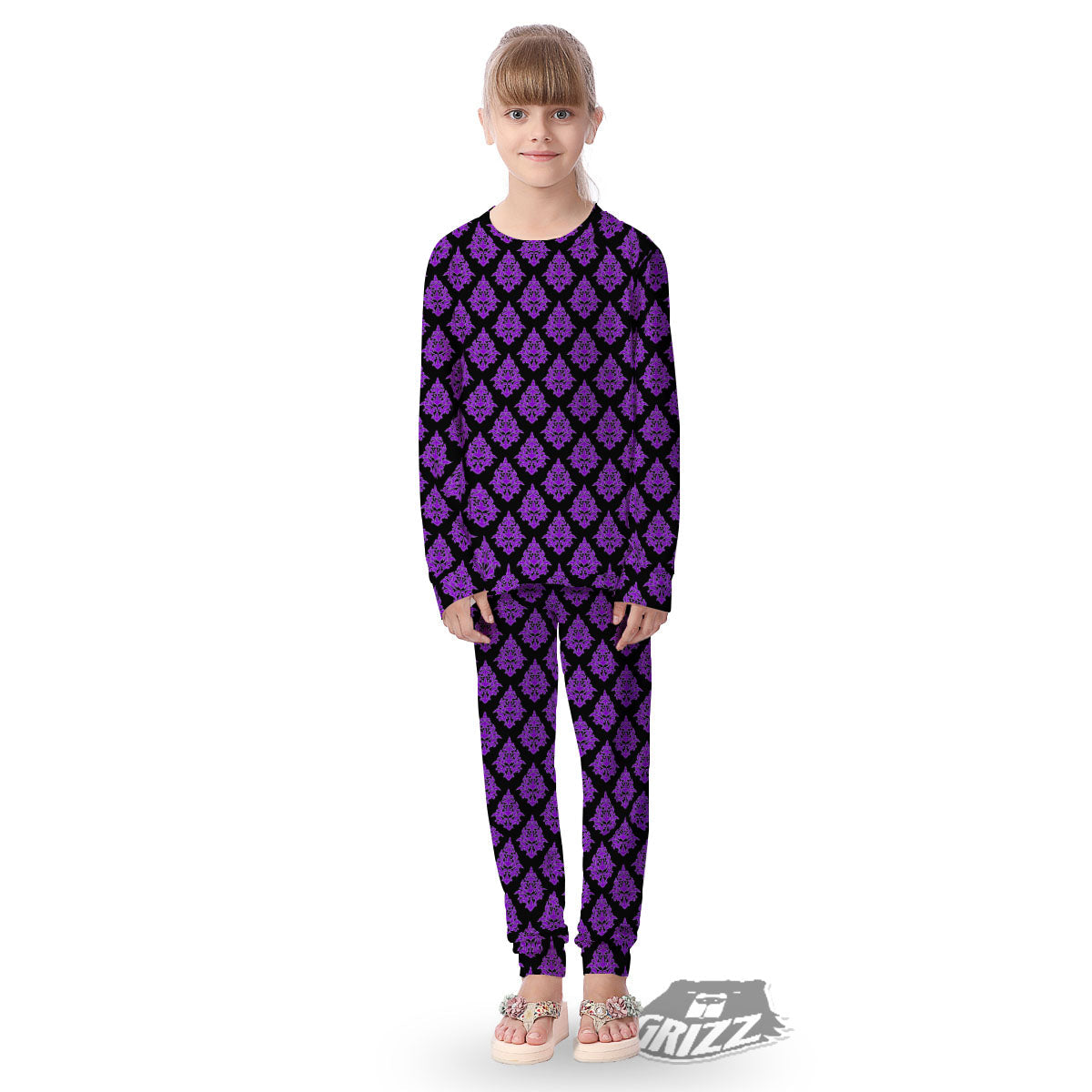 Damask Purple And Black Print Pattern Kid's Pajamas-grizzshop
