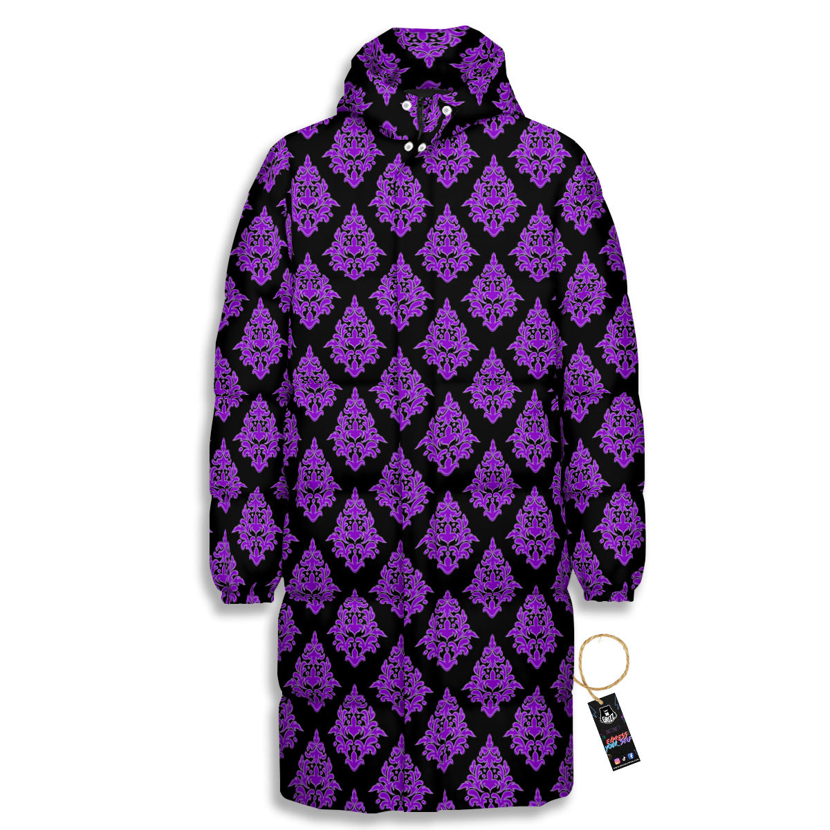 Damask Purple And Black Print Pattern Long Down Jacket-grizzshop