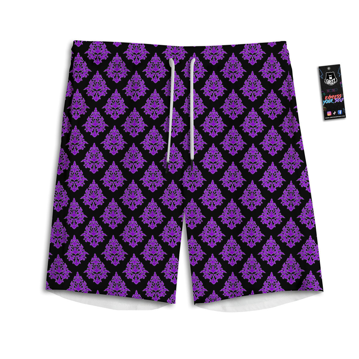 Damask Purple And Black Print Pattern Men's Athletic Shorts