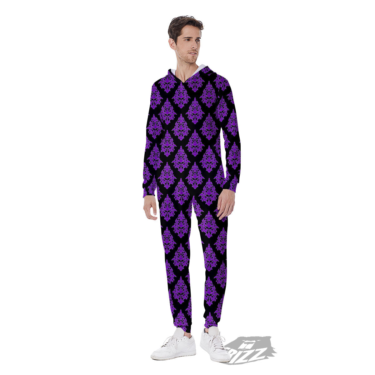 Damask Purple And Black Print Pattern Men's Jumpsuit-grizzshop