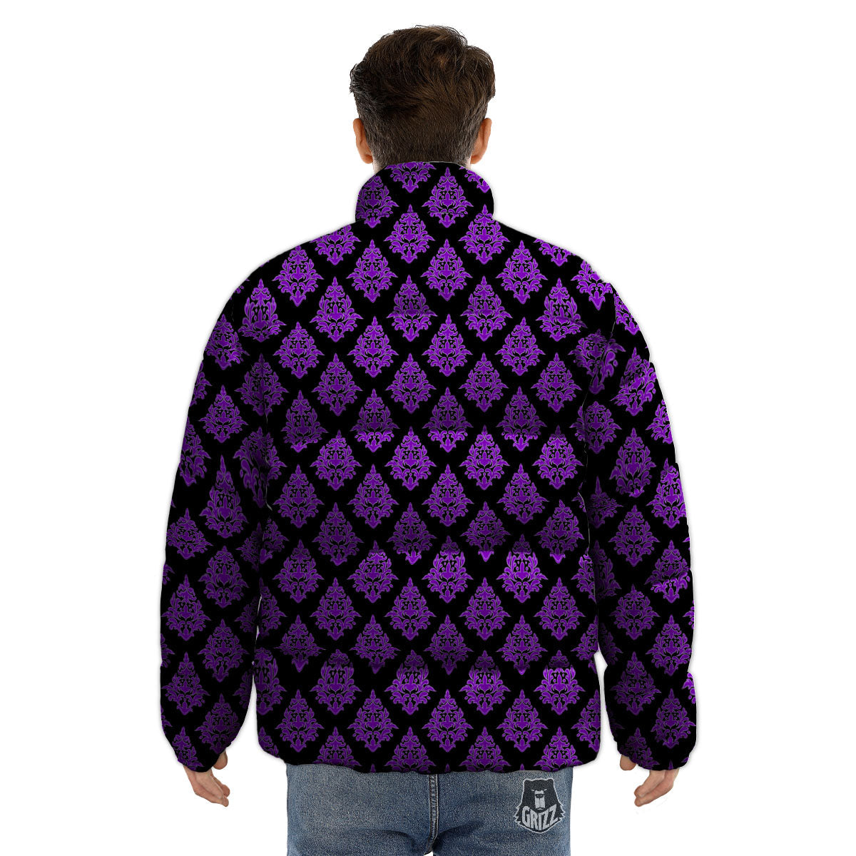 Damask Purple And Black Print Pattern Puffer Jacket-grizzshop