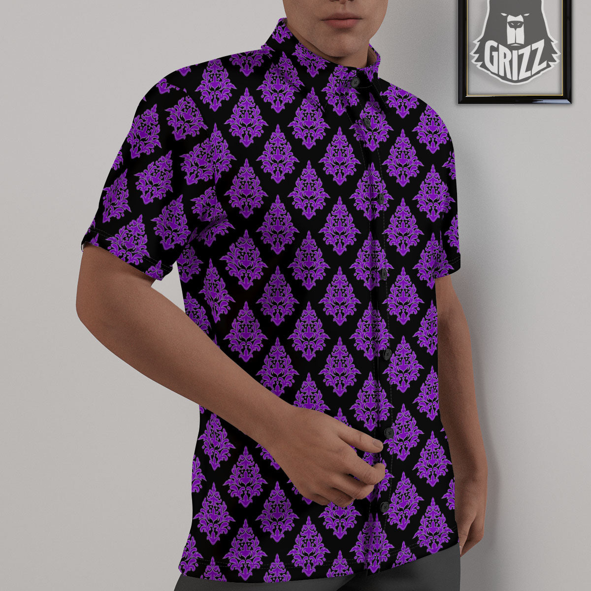 Damask Purple And Black Print Pattern Untucked Shirts-grizzshop